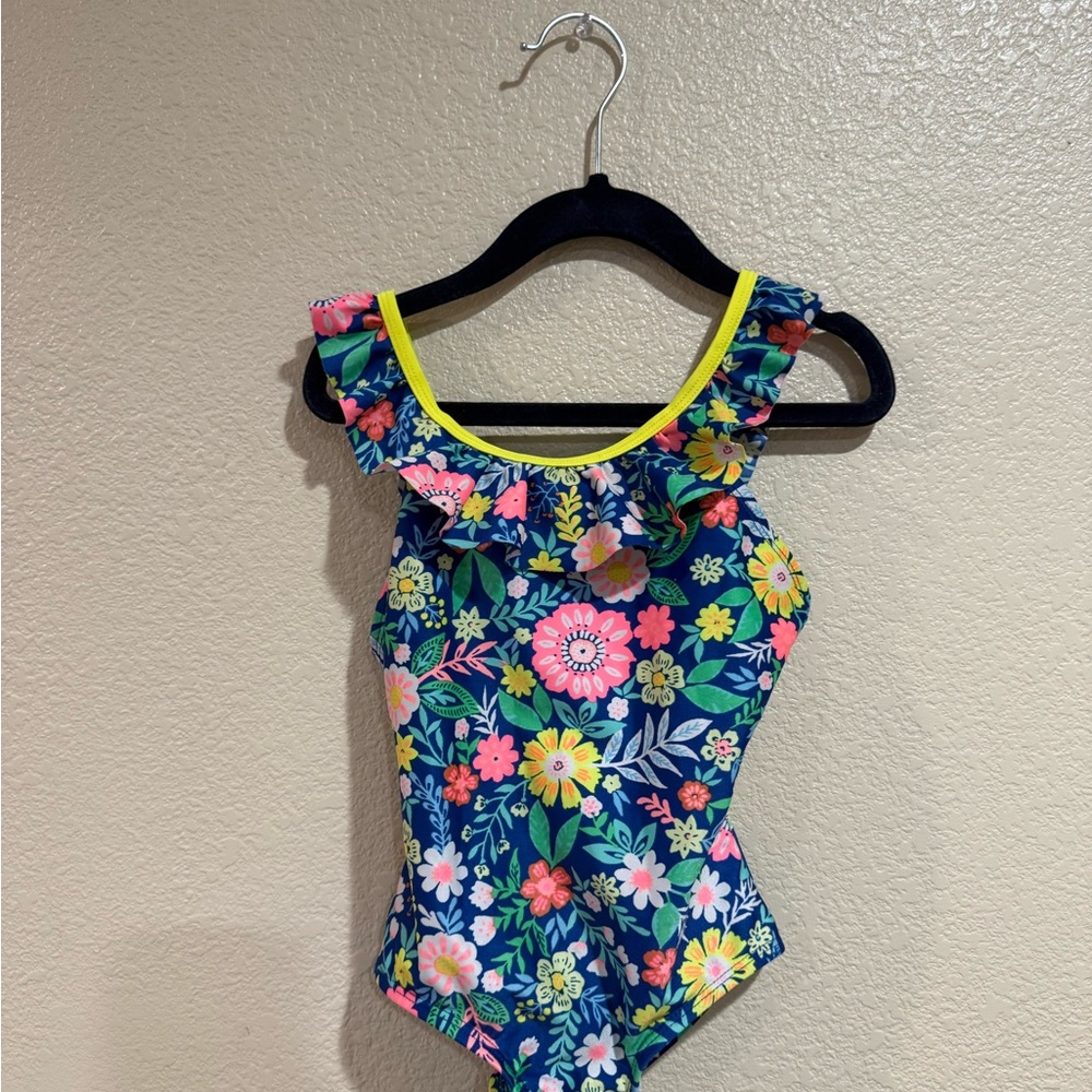 Used - Cat & Jack Floral Ruffle Kids Swim One Piece - Blue and Yellow